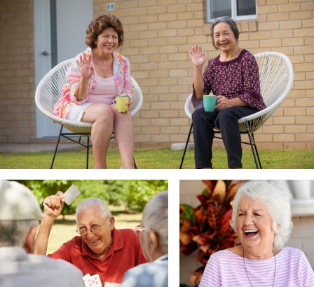 Collage of residents at IRT retirement villages enjoying themselves outside